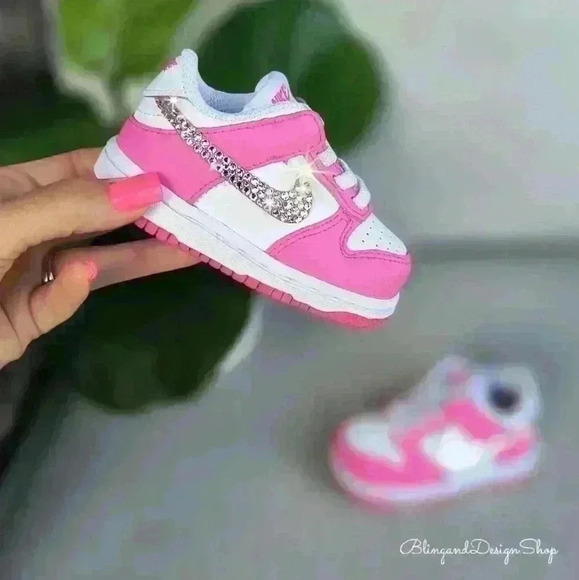 Bling Nike Girls Dunk Low Baby Toddler Pink Sneakers Shoes Custom with Crystals - Picture 1 of 8